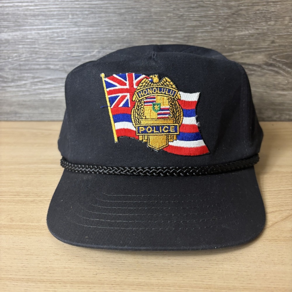 VINTAGE Honolulu Hat Cap Snap Back Black Embroidered Flag Mens 90s Hawaii